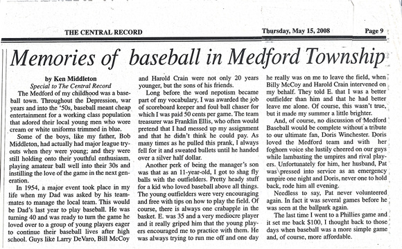 2008 May 15 Middleton Article Memories of Baseball