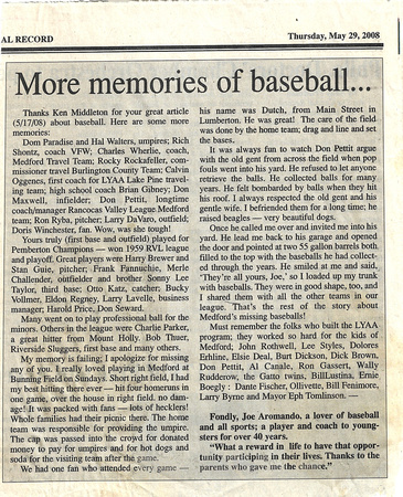 2008 May 28 Central Record Article More Memories of Baseball