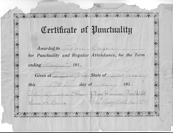 Certificate_CKSH_Punctuality_Gager, Leon, 1916