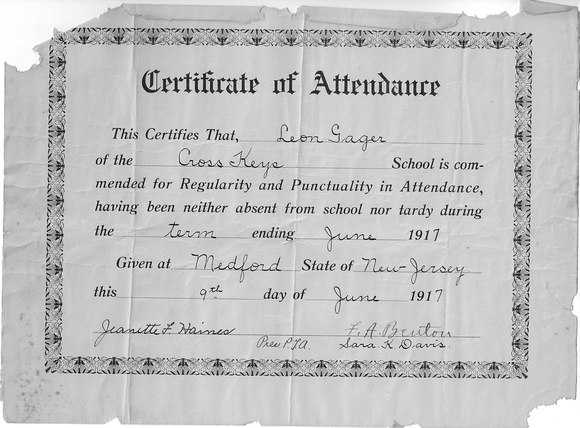 Certificate_CKSH_Attendance_Gager, Leon, 1917