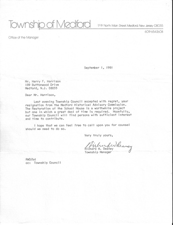 Corres_Twp of Medford to Harrison re resignation 1981_9_1